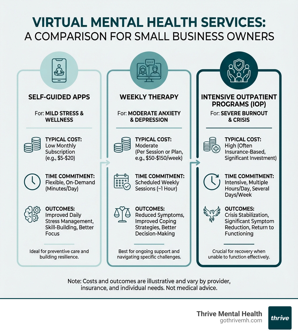 infographic showing comparison of virtual mental health service types: self-guided apps for mild stress, weekly therapy for moderate anxiety and depression, intensive outpatient programs for severe burnout, with typical costs, time commitment, and outcomes for small business owners - What are the best virtual mental health services for small business owners? infographic infographic showing comparison of virtual mental health service types: self-guided apps for mild stress, weekly therapy for moderate anxiety and depression, intensive outpatient programs for severe burnout, with typical costs, time commitment, and outcomes for small business owners - What are the best virtual mental health services for small business owners? infographic