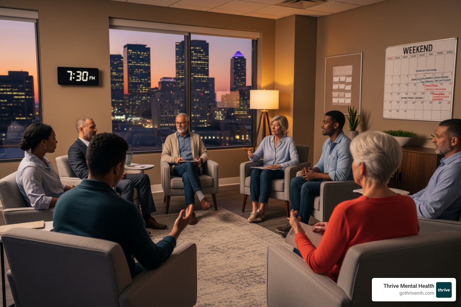 Weekly calendar with evening and Saturday morning blocks labeled 'IOP Group'—showing after-work and weekend mental health support. - Which intensive outpatient programs offer weekend and evening scheduling?