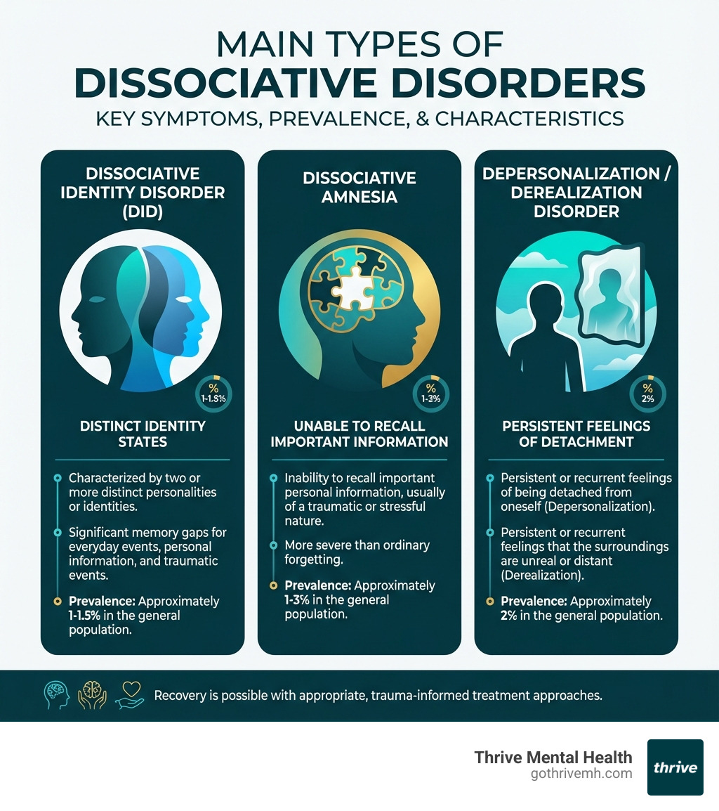 Infographic explaining the main types of dissociative disorders: Dissociative Identity Disorder (DID) characterized by two or more distinct identity states; Dissociative Amnesia involving inability to recall important personal information beyond ordinary forgetting; and Depersonalization/Derealization Disorder featuring persistent feelings of detachment from oneself or surroundings, with prevalence rates and key symptoms for each - Which treatment approaches assist adults with dissociative disorders? infographic Infographic explaining the main types of dissociative disorders: Dissociative Identity Disorder (DID) characterized by two or more distinct identity states; Dissociative Amnesia involving inability to recall important personal information beyond ordinary forgetting; and Depersonalization/Derealization Disorder featuring persistent feelings of detachment from oneself or surroundings, with prevalence rates and key symptoms for each - Which treatment approaches assist adults with dissociative disorders? infographic