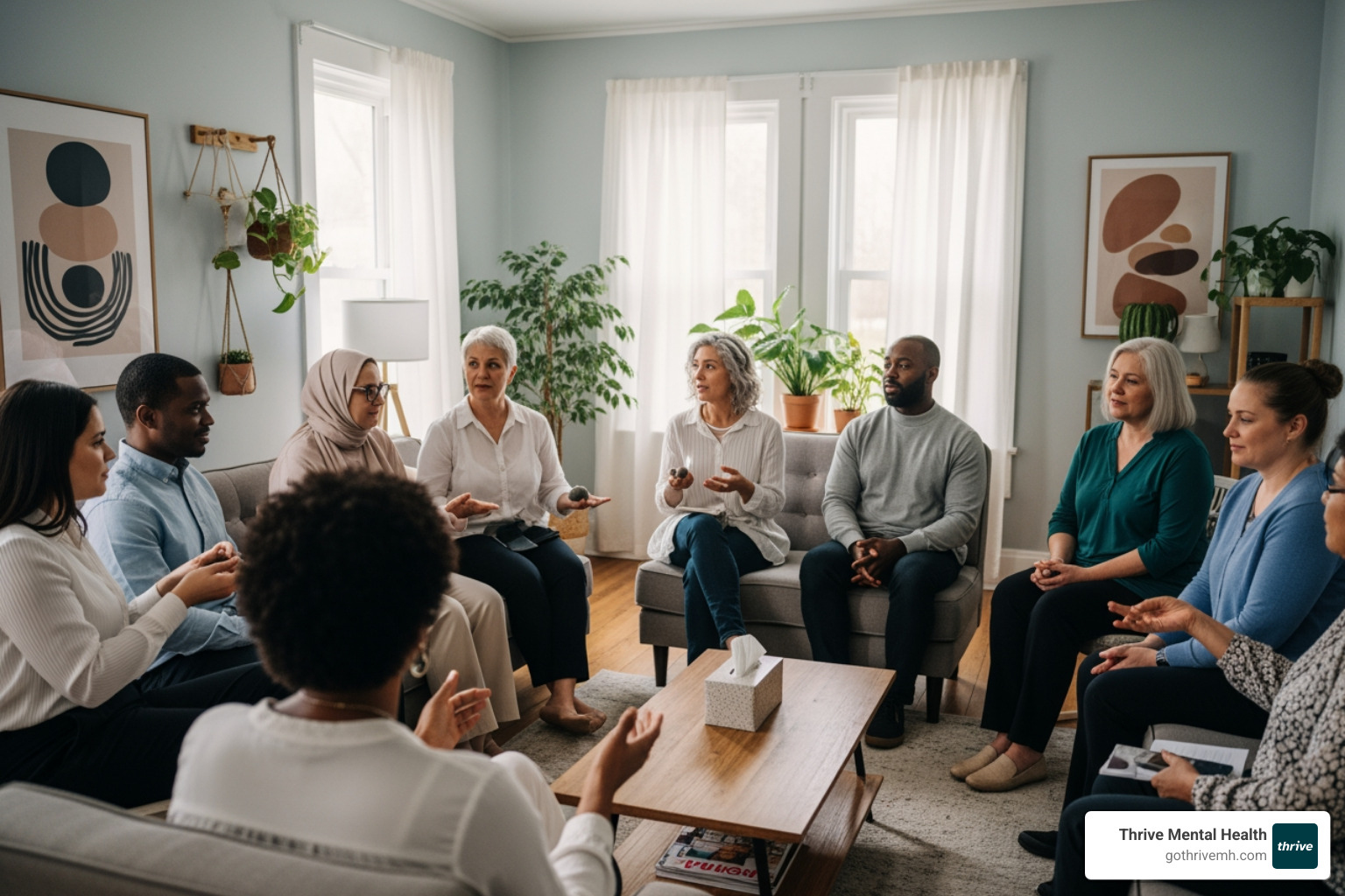 Diverse group in group therapy, supportive environment - Which mental health programs provide comprehensive mood disorder care?