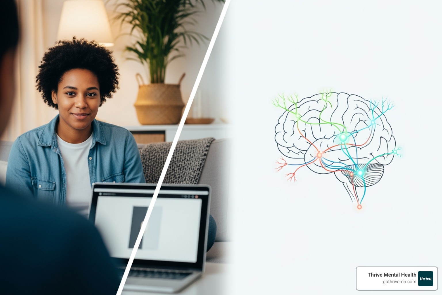 Split screen—one side, virtual therapy session; other side, brain neurotransmitter diagram. - What are the best virtual mental health services for ADD and ADHD adults?