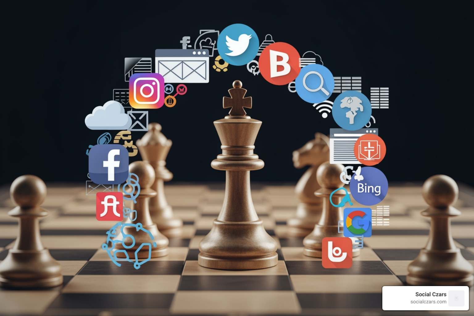 Chessboard with pieces representing digital assets surrounding a king, symbolizing strategic control over online reputation - Crisis SEO Miami Chessboard with pieces representing digital assets surrounding a king, symbolizing strategic control over online reputation - Crisis SEO Miami