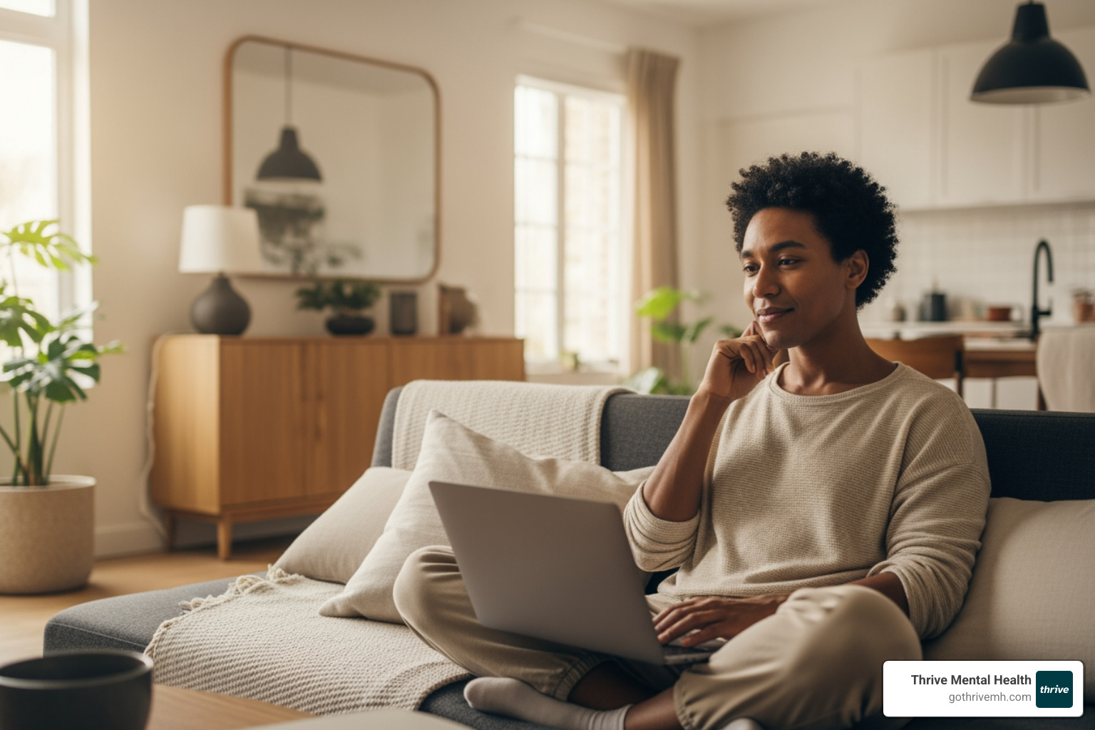 Person in home therapy session. - What are the best virtual mental health programs for gender dysphoria support?