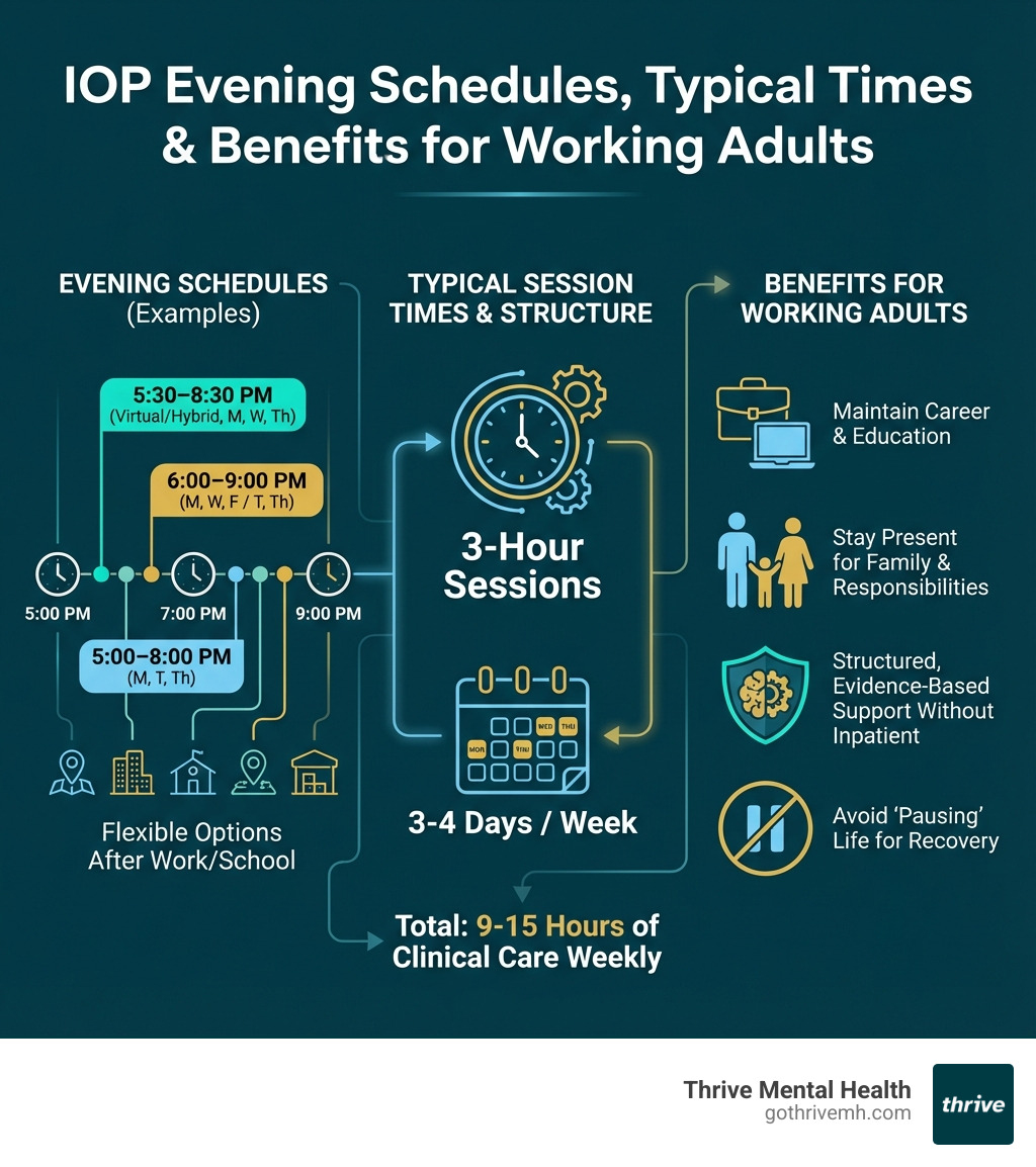 Infographic comparing IOP evening schedules, typical session times, and benefits for working adults - Which premier intensive outpatient programs offer evening schedules? infographic 