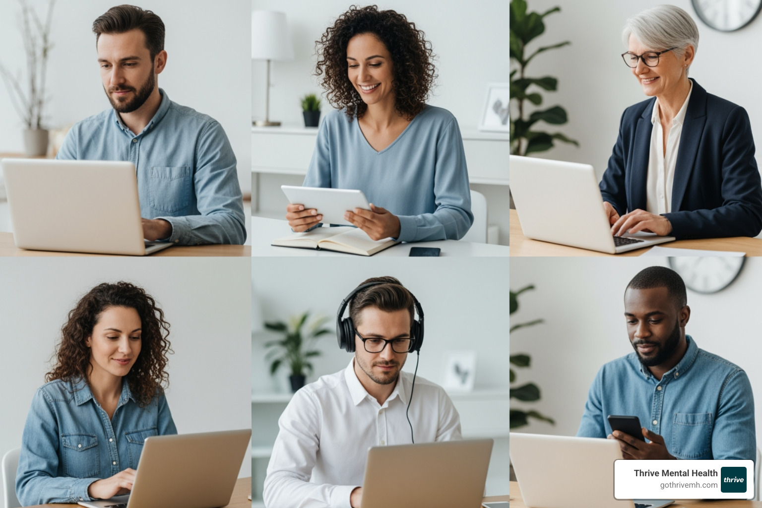 Diverse professionals engaging in virtual therapy on various devices - What are the top flexible mental health treatment options for working professionals?