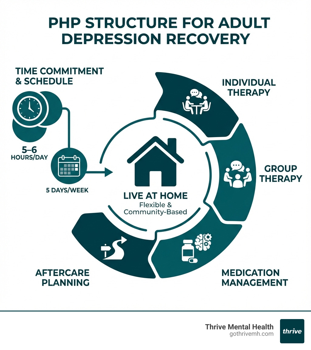 Infographic showing PHP structure: 5-6 hours/day, 5 days/week, live at home, includes individual therapy, group therapy, medication management, and aftercare planning - What's the best mental health PHP for adults with depression? infographic 