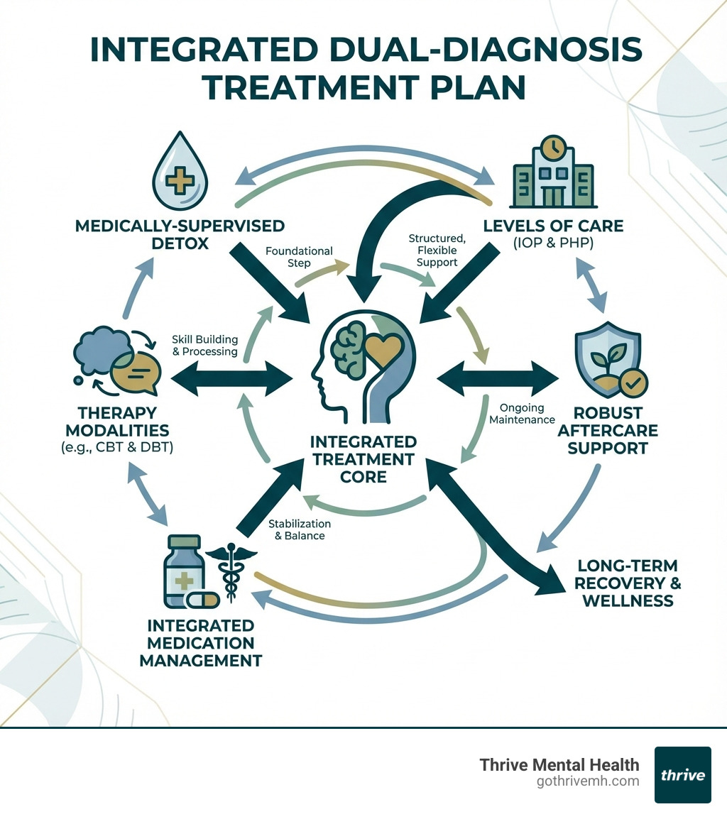 infographic showing dual diagnosis treatment components including detox, therapy modalities like CBT and DBT, medication management, IOP and PHP levels of care, and aftercare support, with arrows showing how they work together in an integrated treatment plan - Which premier services support dual-diagnosis mental health treatment? infographic 