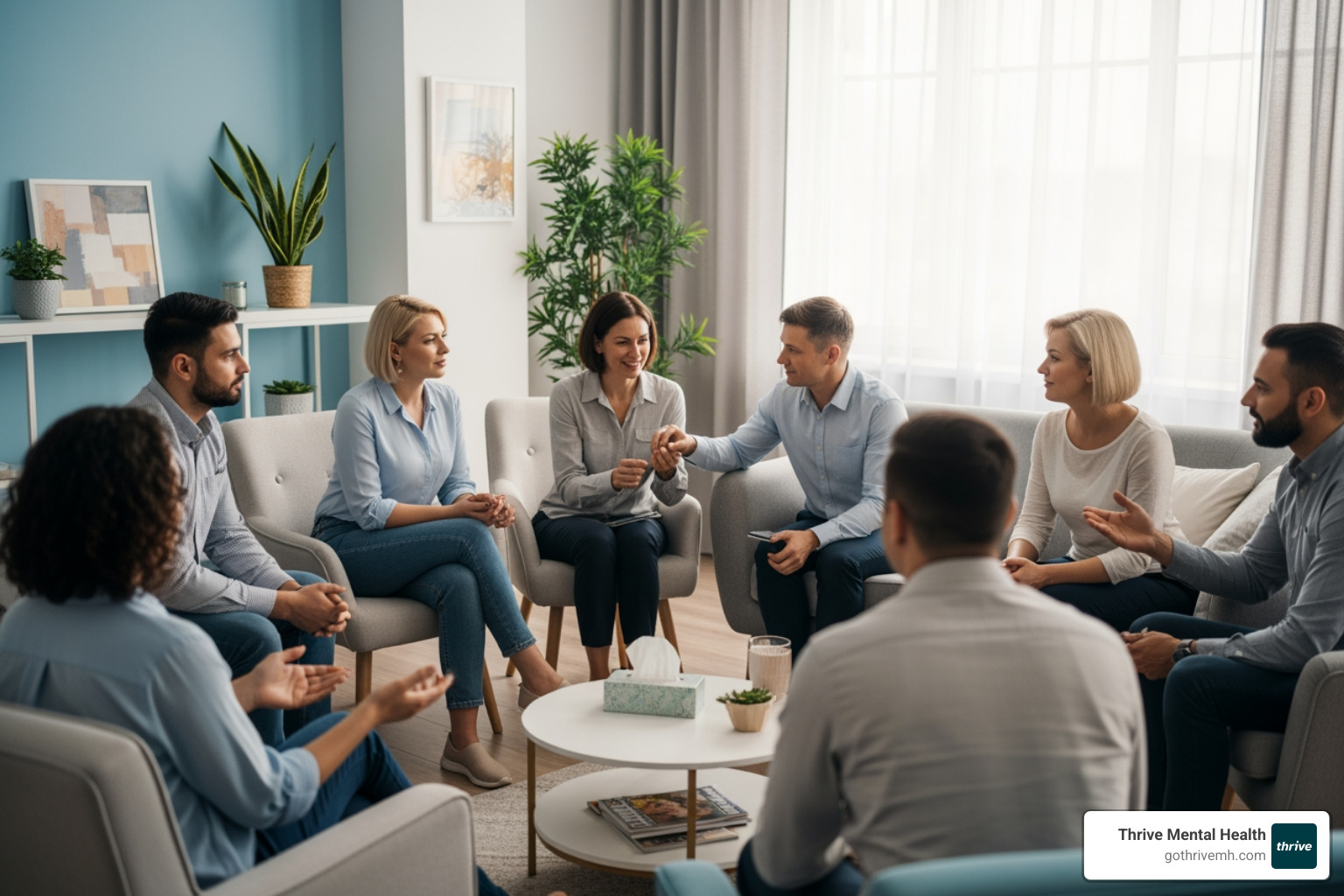 Diverse group therapy session. Alt text: "Group therapy in IOP for complex mood disorders." - Which recommended intensive outpatient programs treat complex mood disorders?