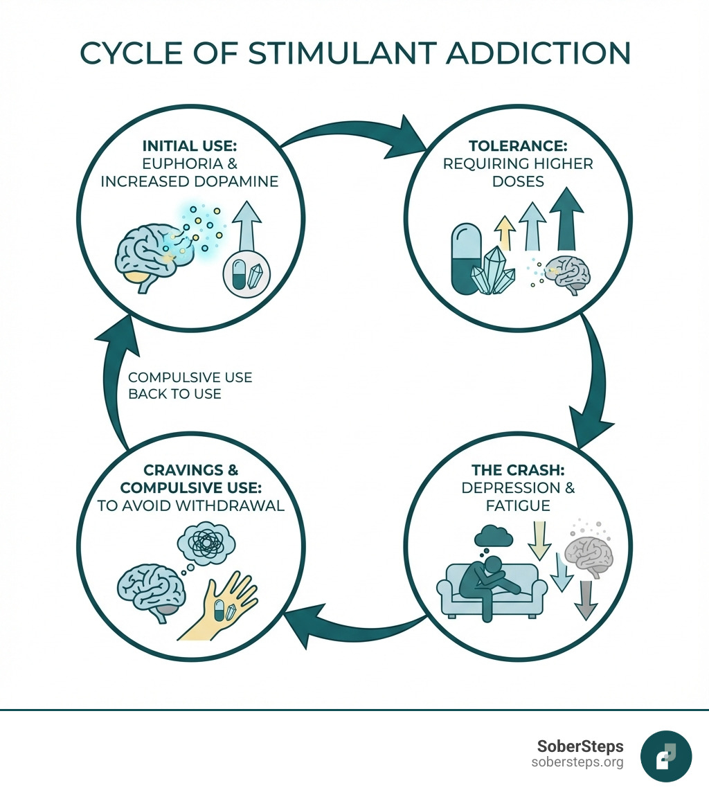 Infographic showing the cycle of stimulant addiction: initial use leading to euphoria and increased dopamine, followed by tolerance requiring higher doses, then the crash with depression and fatigue, leading to cravings and compulsive use to avoid withdrawal, completing the cycle back to use - Stimulant Addiction infographic 