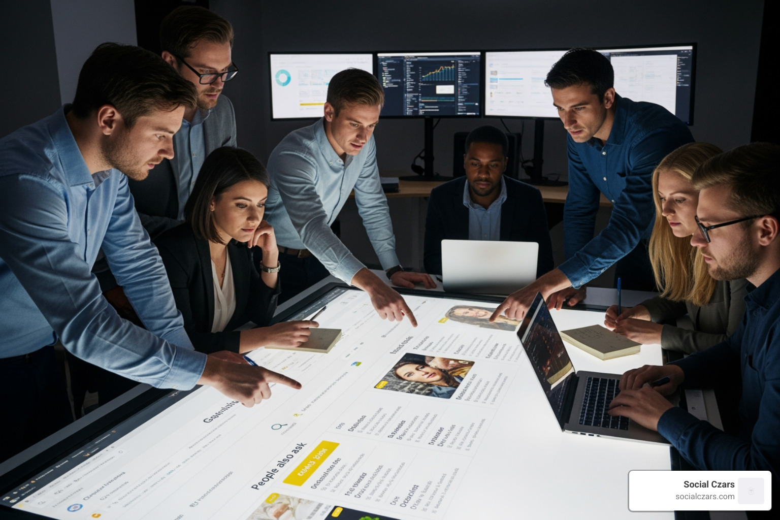 team in a war room strategizing around a computer screen showing search results - Crisis SEO to Fix Bad Press