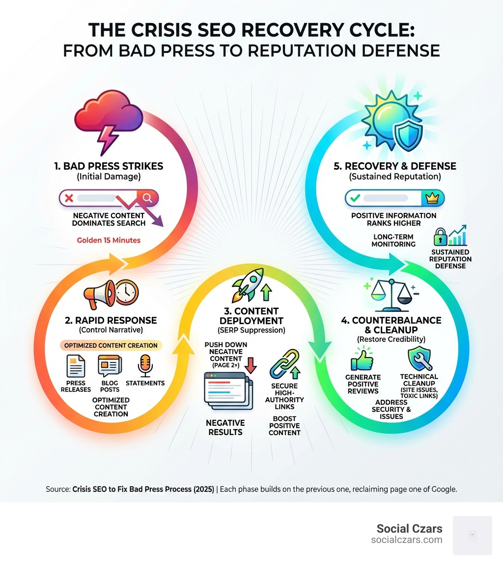 infographic showing the crisis SEO process from bad press to recovery - Crisis SEO to Fix Bad Press infographic 