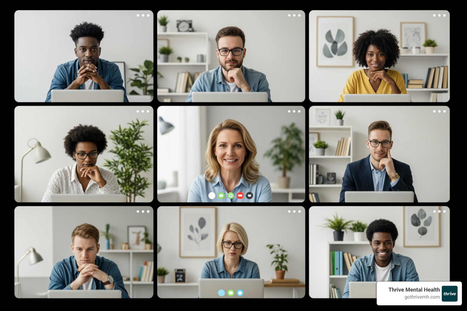 a diverse group of startup employees looking stressed but determined in a modern, well-lit office environment - What are the best virtual mental health services for startup environments?