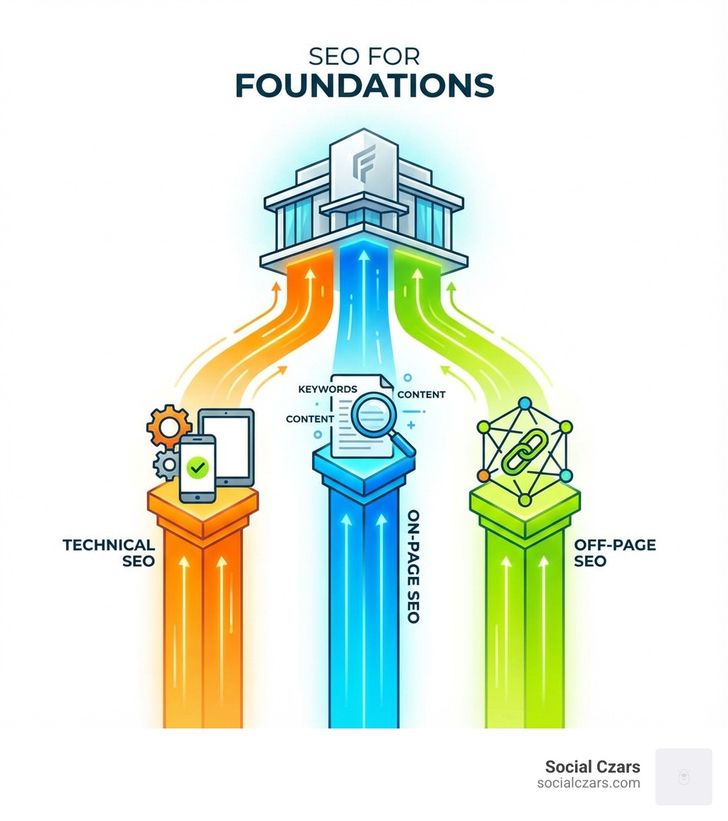 infographic showing three pillars: On-Page SEO with content and keywords icon, Technical SEO with gears and mobile device icon, and Off-Page SEO with link network icon, all supporting a foundation building - SEO for Foundations infographic 
