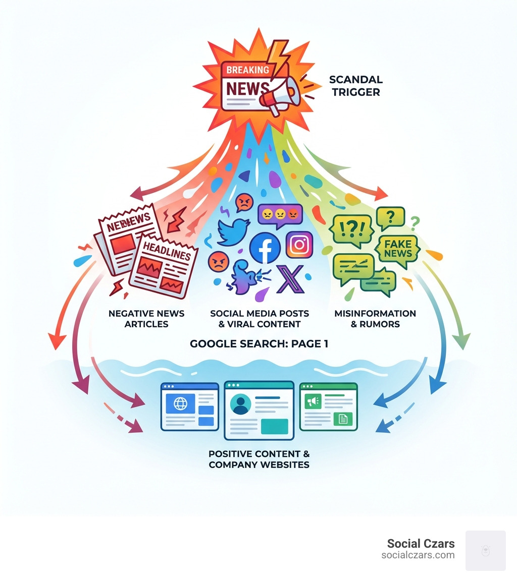 Infographic showing how a scandal floods the first page of Google with negative news articles, social media posts, viral content, and misinformation, pushing down positive content and company websites - Crisis SEO for CEO and Executive Scandals infographic 