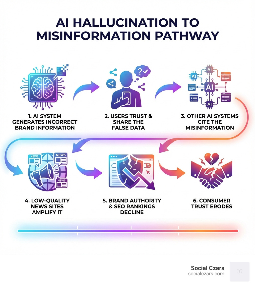 Infographic showing the pathway from AI hallucination to misinformation spread: 1) AI system generates incorrect brand information, 2) Users trust and share the false data, 3) Other AI systems cite the misinformation, 4) Low-quality news sites amplify it, 5) Brand authority and SEO rankings decline, 6) Consumer trust erodes - Crisis SEO for AI LLMs like ChatGPT, Perplexity and Grok infographic 