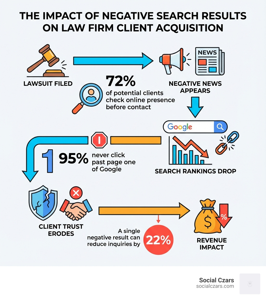 infographic showing the impact of negative search results on law firm client acquisition, including statistics: 72% of potential clients check online presence before contact, 95% never click past page one of Google, and a single negative result can reduce inquiries by 22%. Visual flow shows: lawsuit filed, negative news appears, search rankings drop, client trust erodes, revenue impact - Crisis SEO for Lawsuits infographic infographic showing the impact of negative search results on law firm client acquisition, including statistics: 72% of potential clients check online presence before contact, 95% never click past page one of Google, and a single negative result can reduce inquiries by 22%. Visual flow shows: lawsuit filed, negative news appears, search rankings drop, client trust erodes, revenue impact - Crisis SEO for Lawsuits infographic