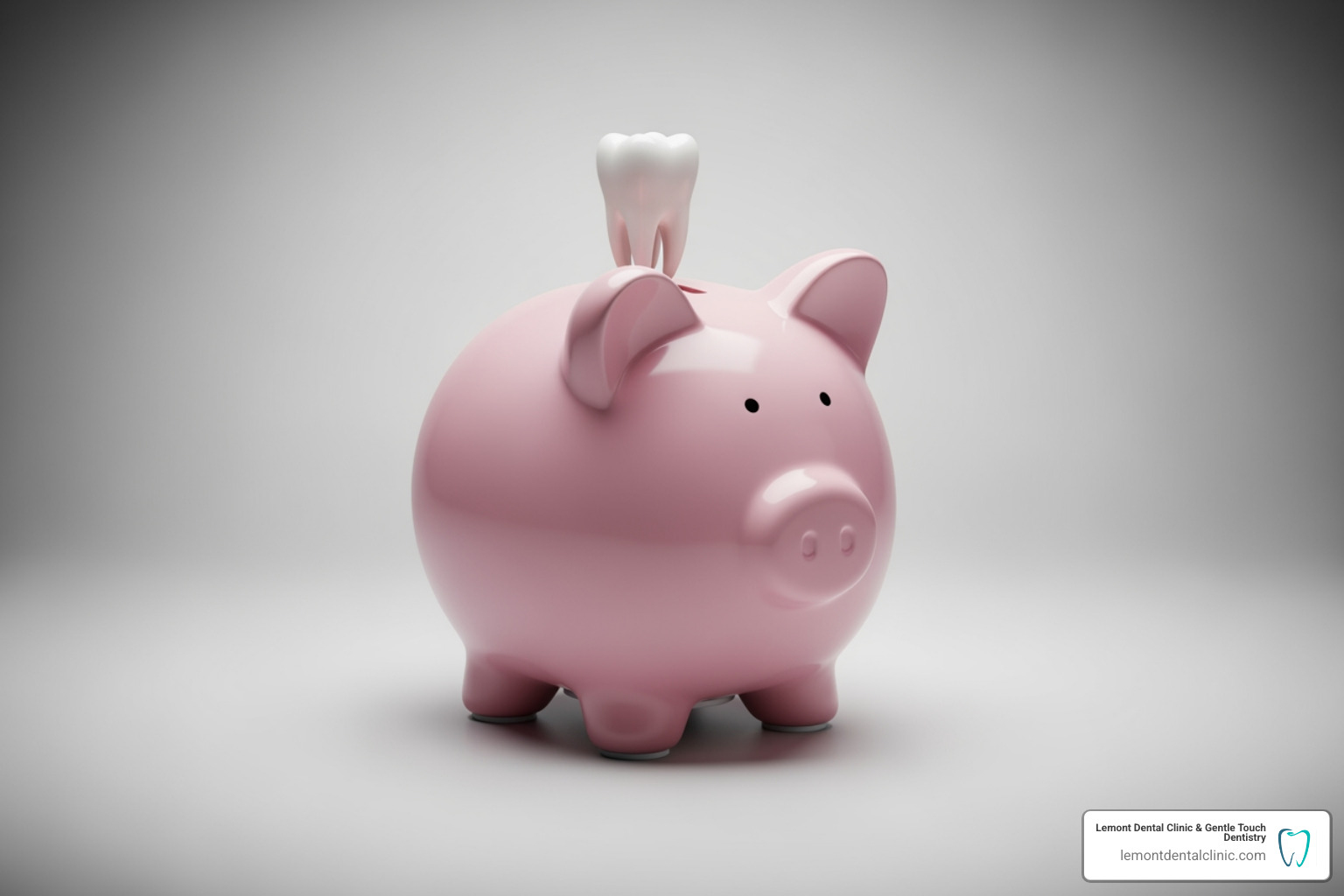 A piggy bank with a tooth on it, representing the investment in dental implants - affordable permanent teeth