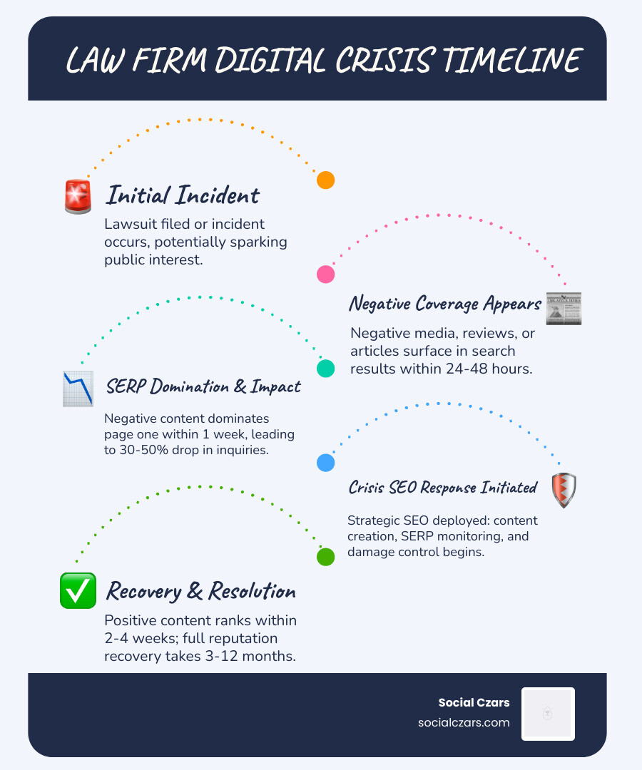 infographic showing the timeline of a digital reputation crisis for a law firm, starting with initial incident or lawsuit filing, followed by negative media coverage appearing in search results within 24-48 hours, negative content dominating page one within 1 week, client inquiries dropping 30-50%, crisis SEO response initiated including content creation and SERP monitoring, positive content beginning to rank within 2-4 weeks, and full reputation recovery taking 3-12 months depending on severity - Crisis SEO for Legal Disputes infographic infographic-line-5-steps-blues-accent_colors