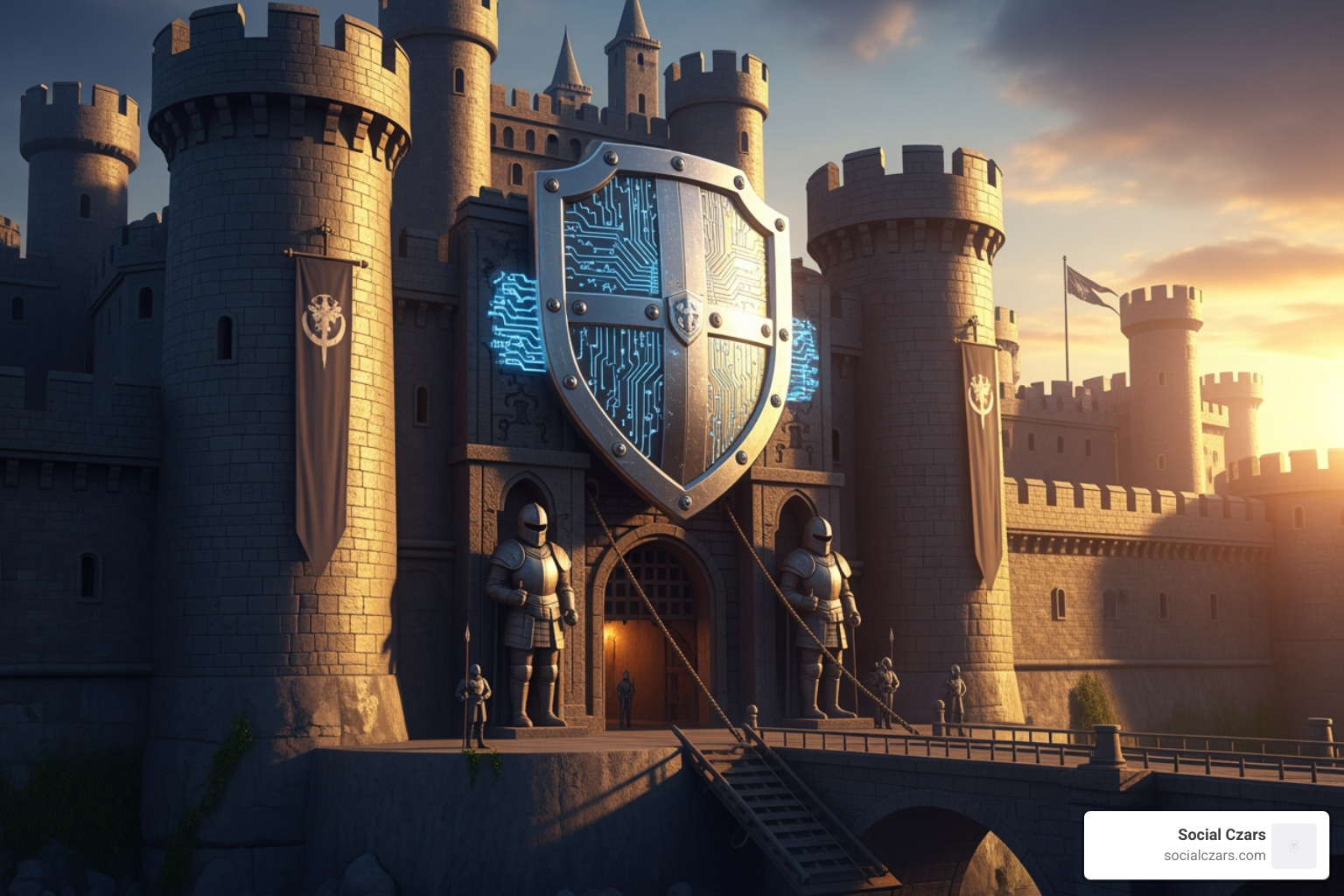strong fortress with a shield labeled "Strong Online Presence" - Crisis SEO for Legal Disputes