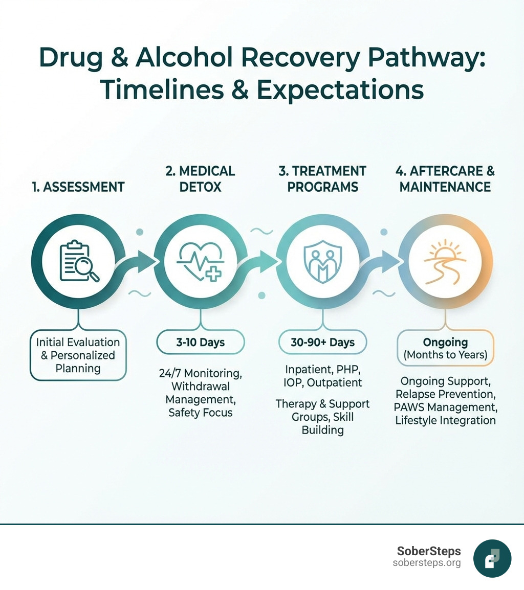 infographic showing the recovery pathway: Assessment leads to Medical Detox (3-10 days with 24/7 monitoring), which leads to Treatment Programs (inpatient, PHP, IOP, or outpatient lasting 30-90+ days with therapy and support groups), which leads to Aftercare and Maintenance (ongoing support, relapse prevention, and PAWS management for months to years) - Drug and Alcohol Detox: Timelines, Expectations, & Top Rehab infographic pillar-4-steps infographic showing the recovery pathway: Assessment leads to Medical Detox (3-10 days with 24/7 monitoring), which leads to Treatment Programs (inpatient, PHP, IOP, or outpatient lasting 30-90+ days with therapy and support groups), which leads to Aftercare and Maintenance (ongoing support, relapse prevention, and PAWS management for months to years) - Drug and Alcohol Detox: Timelines, Expectations, & Top Rehab infographic pillar-4-steps
