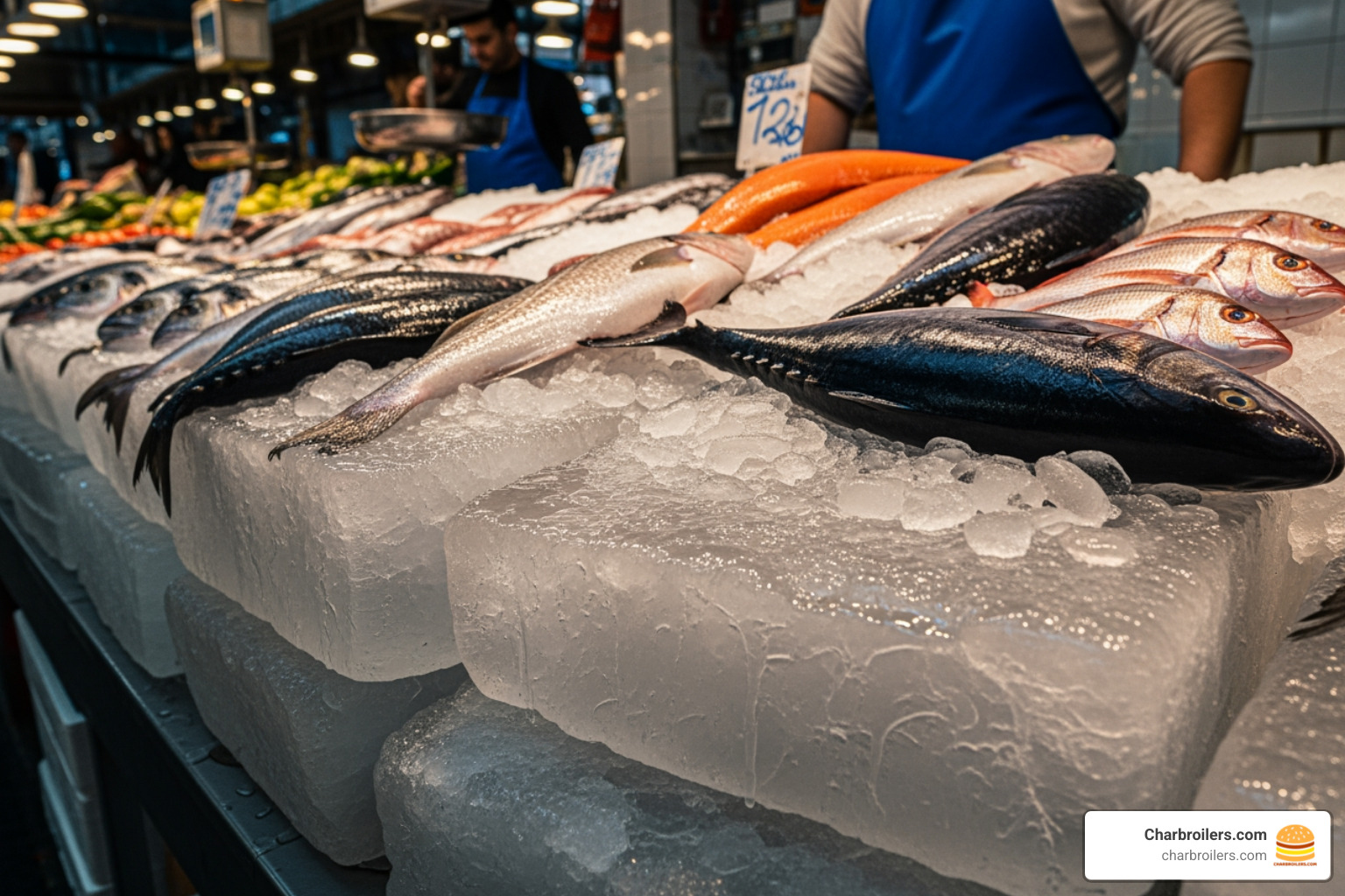 block ice preserving fresh fish at a market - commercial ice block machine