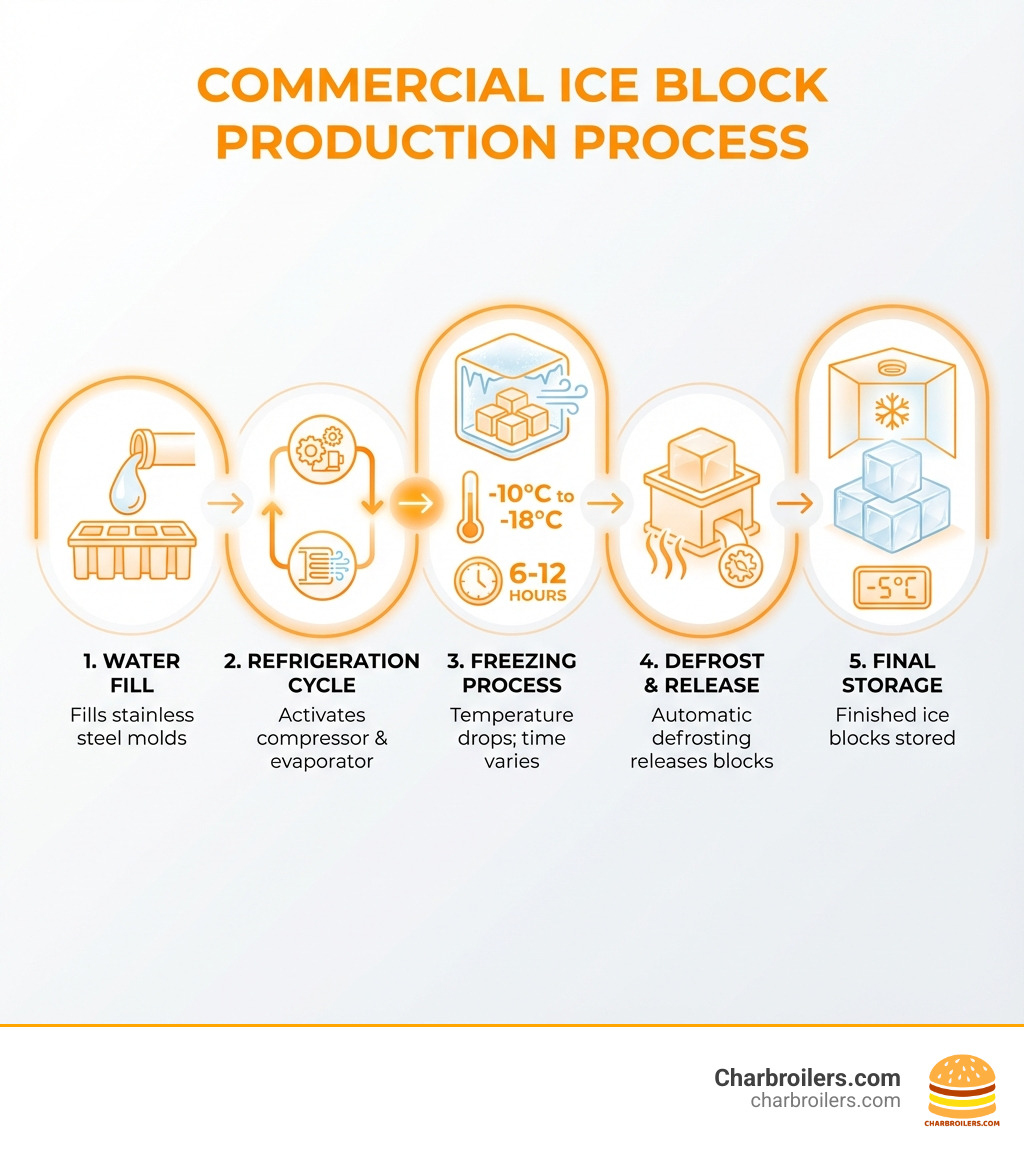 Infographic showing the ice block production process: water fills stainless steel molds, refrigeration cycle activates compressor and evaporator, temperature drops to -10°C to -18°C over 6-12 hours, automatic defrosting releases blocks, finished ice blocks stored at -5°C - commercial ice block machine infographic 