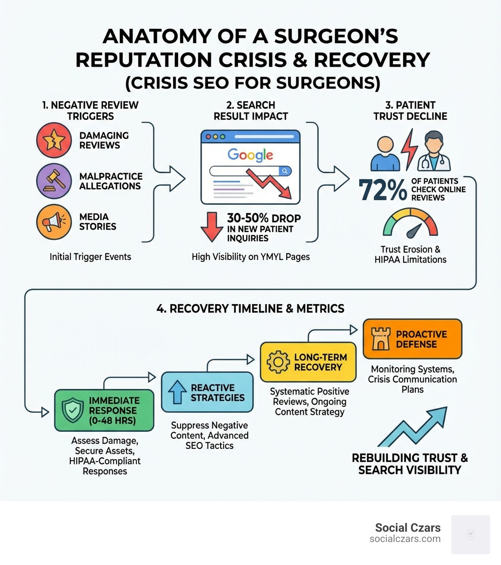 infographic showing the anatomy of a surgeon's reputation crisis including negative review triggers, search result impact, patient trust decline, and recovery timeline with key metrics at each stage - Crisis SEO for Surgeons infographic 