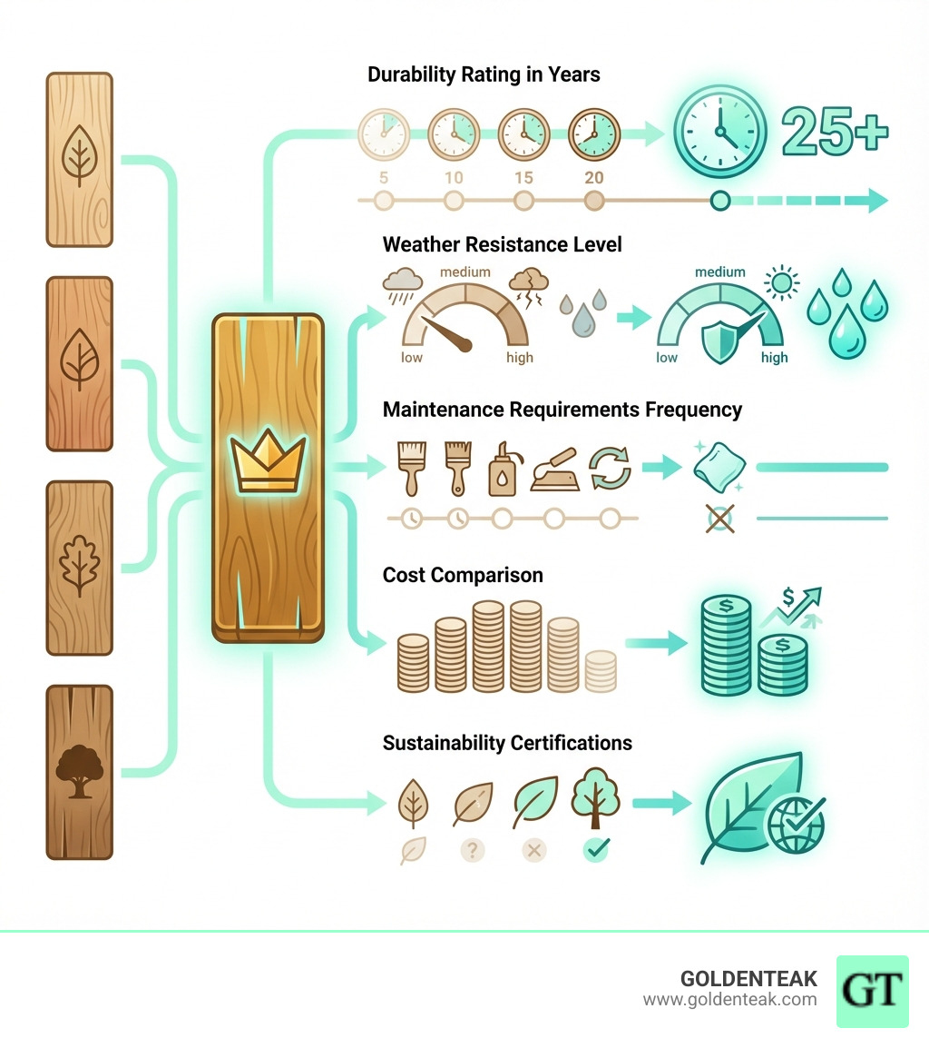 Infographic showing five key factors for choosing garden bench timber: Durability rating in years, Weather Resistance level, Maintenance Requirements frequency, Cost comparison, and Sustainability certifications, with teak scoring highest across all categories - garden bench timber infographic Infographic showing five key factors for choosing garden bench timber: Durability rating in years, Weather Resistance level, Maintenance Requirements frequency, Cost comparison, and Sustainability certifications, with teak scoring highest across all categories - garden bench timber infographic