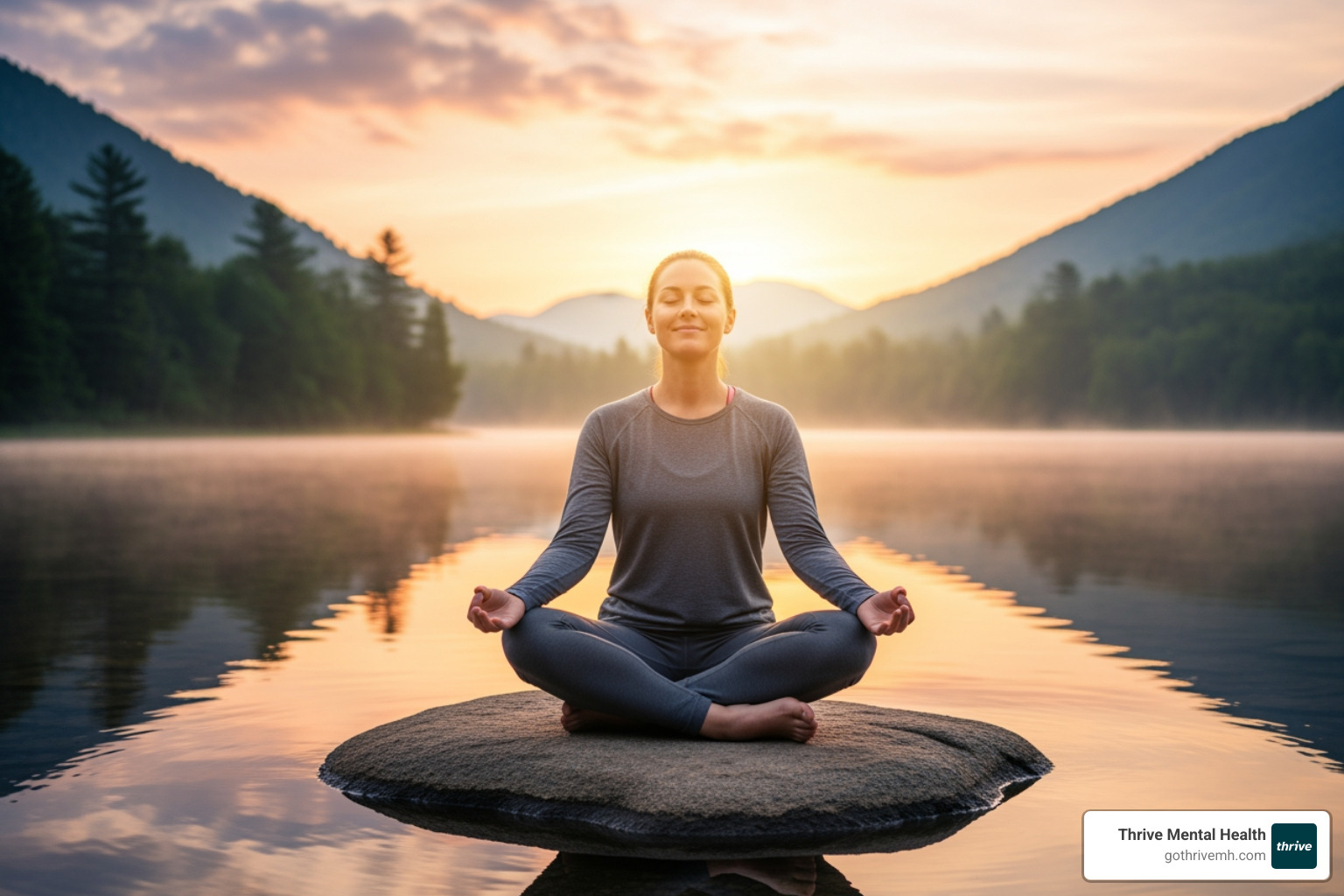 person practicing mindfulness meditation outdoors; Spirituality; Community support; Mindfulness; Nutrition; Exercise; Nature therapy - How do Thrive's mental health programs support holistic wellness?