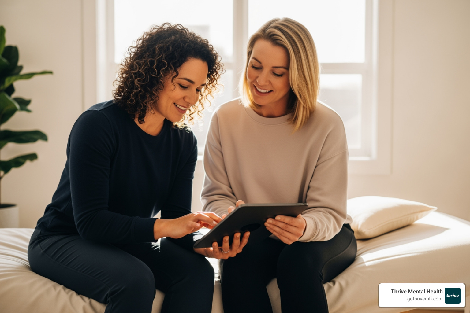 A compassionate therapist and a client collaboratively review a personalized treatment plan on a tablet, fostering a sense of partnership and shared goals. The setting is a bright, modern therapy room with warm lighting. - What makes Thrive's mental health programs more patient-centered?