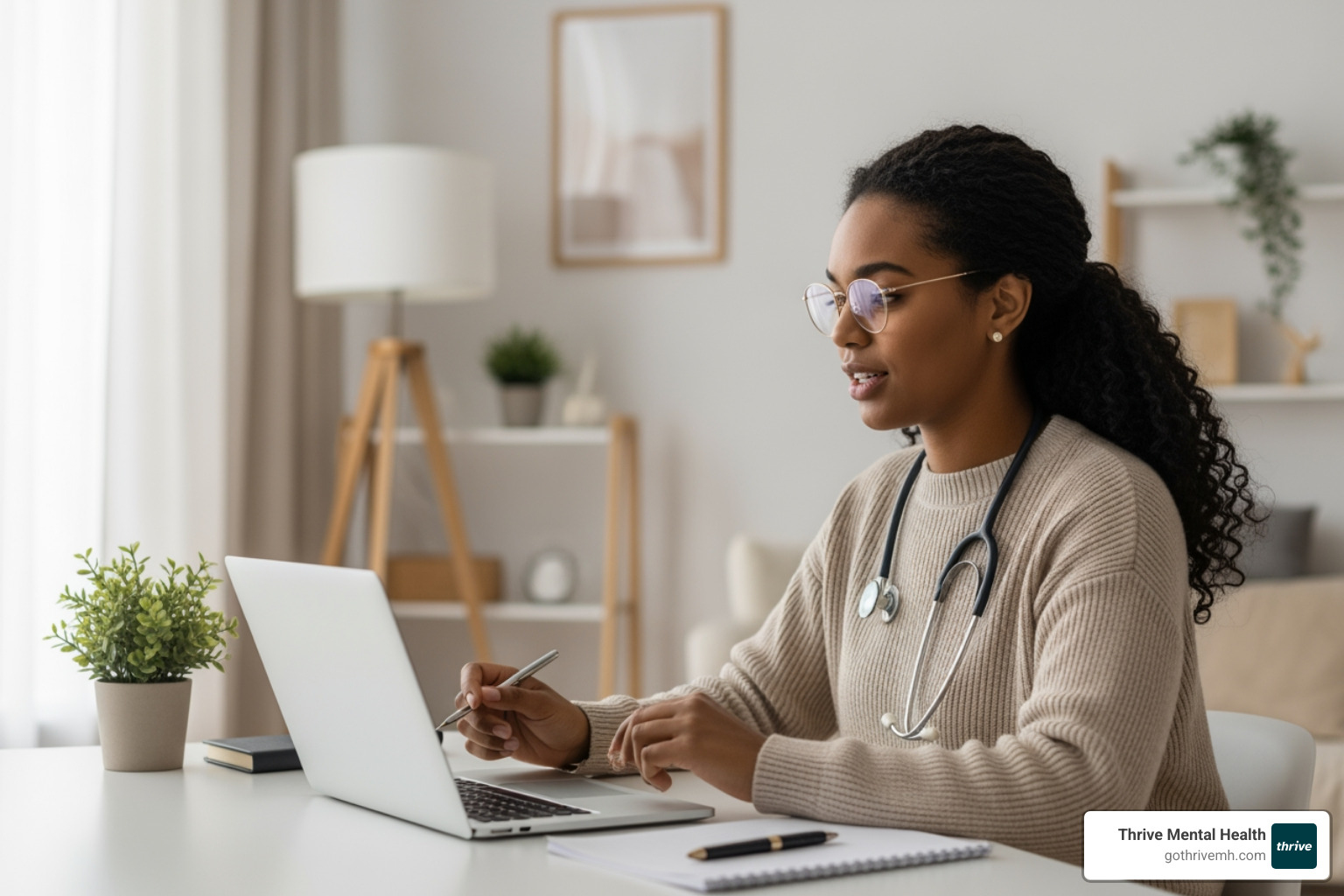 A young professional participates in a virtual group therapy session from their home office, looking engaged and focused. The background is a clean, minimalist home office setup with natural lighting. - What makes Thrive's mental health programs more patient-centered?