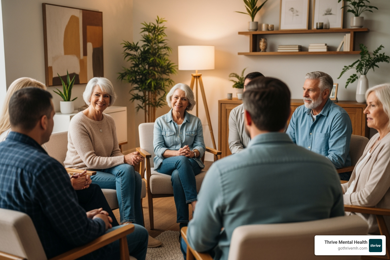 A diverse group of individuals engaged in a supportive group therapy session in a modern, calm clinical setting - What's the difference between IOP and PHP for mental health treatment?