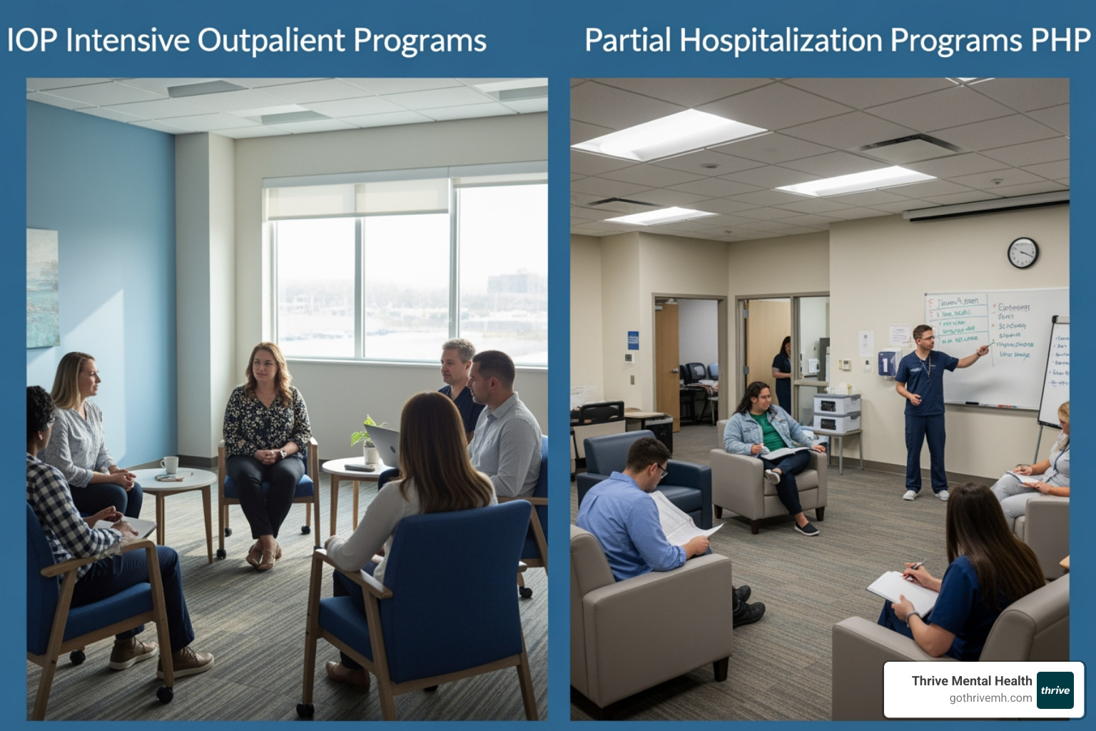 A calendar showing a packed PHP schedule on one side and a more open, flexible IOP schedule on the other, illustrating the difference in time commitment - What's the difference between IOP and PHP for mental health treatment?