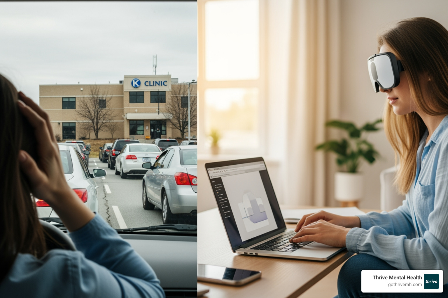 Split screen—stressful clinic commute vs. calm at-home care; alt text: “Thrive virtual mental health program access compared to in-person clinics” - How accessible are Thrive's mental health programs compared to local clinics? Split screen—stressful clinic commute vs. calm at-home care; alt text: “Thrive virtual mental health program access compared to in-person clinics” - How accessible are Thrive's mental health programs compared to local clinics?
