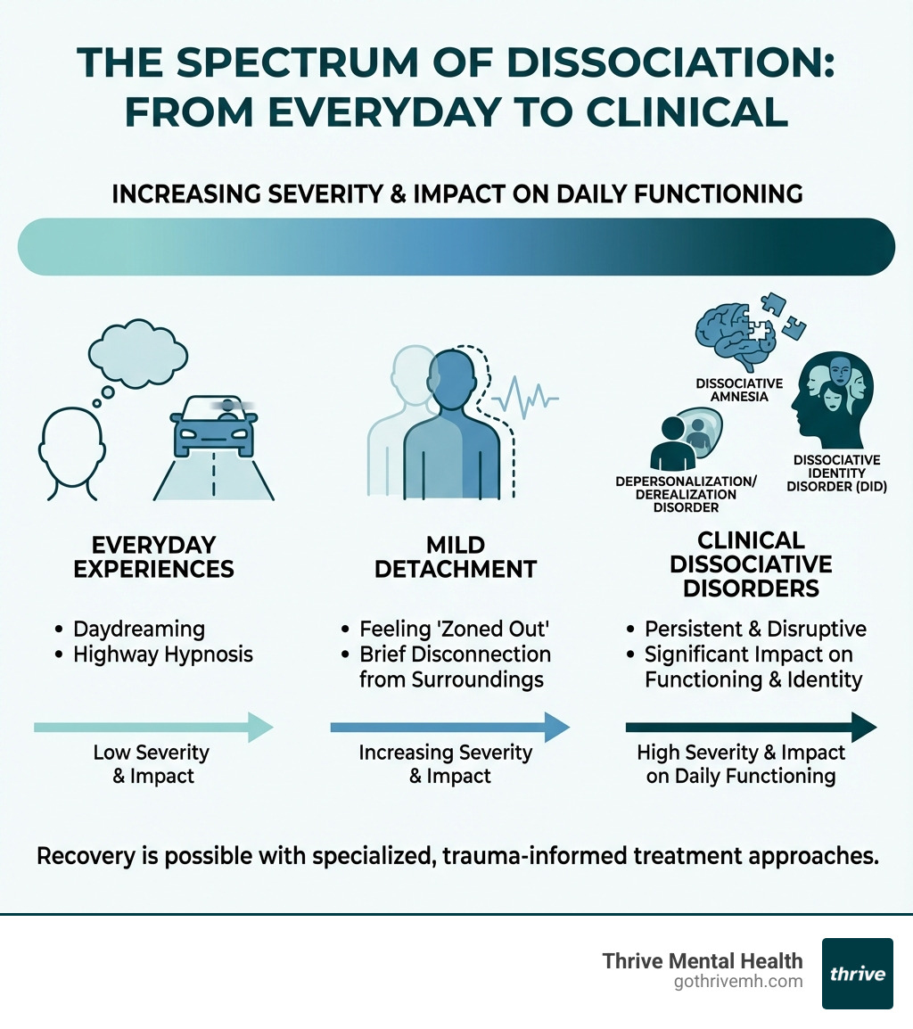 Infographic explaining the spectrum of dissociation from everyday experiences like daydreaming and highway hypnosis on the left, progressing through mild detachment in the middle, to clinical dissociative disorders like dissociative amnesia, depersonalization/derealization disorder, and Dissociative Identity Disorder (DID) on the right, with a visual gradient indicating increasing severity and impact on daily functioning - Which treatment approaches help adults with dissociative disorders recover? infographic 