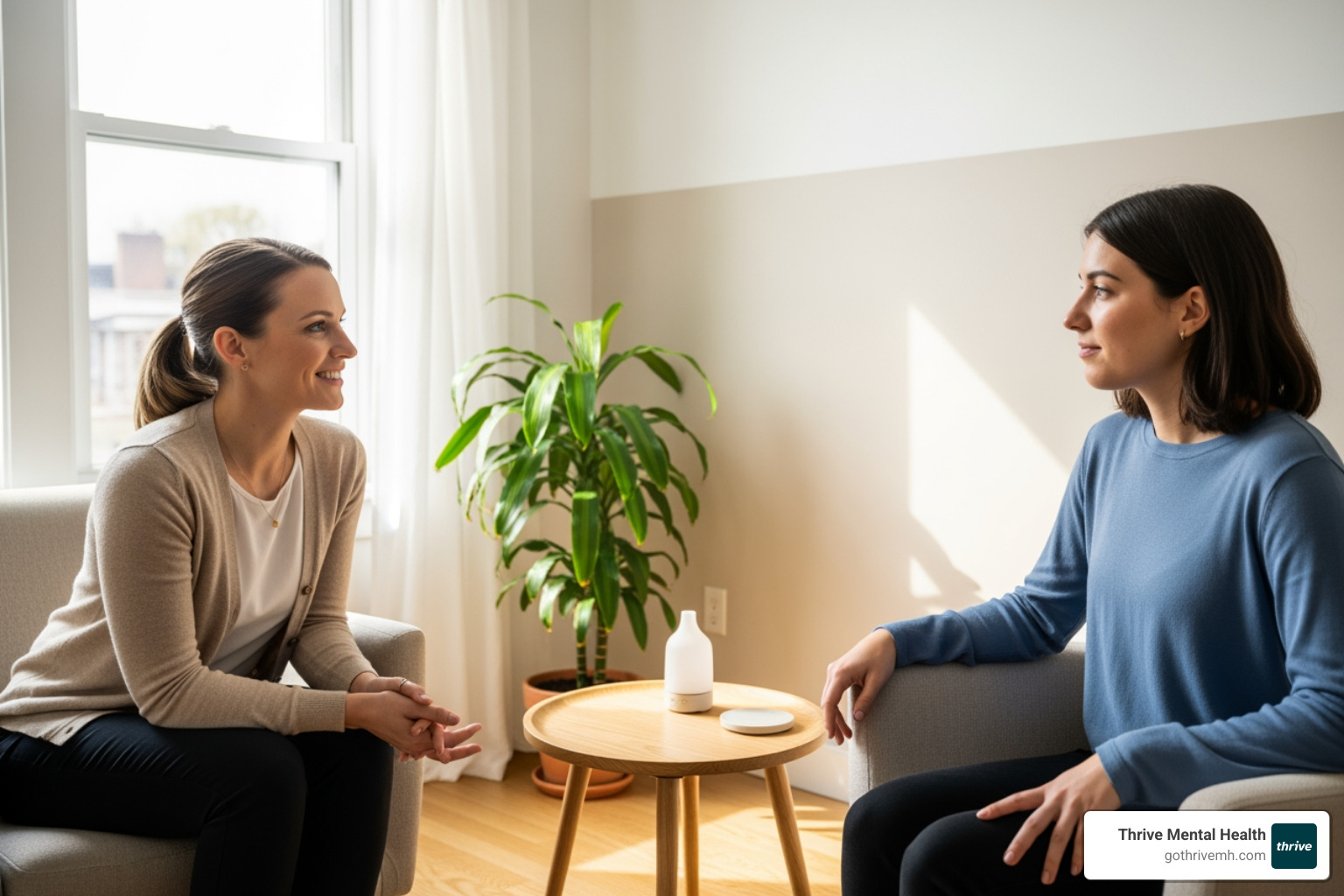 A therapist and client engaged in a therapy session, showcasing warmth, connection, and a safe therapeutic environment - Which treatment approaches help adults with dissociative disorders recover?