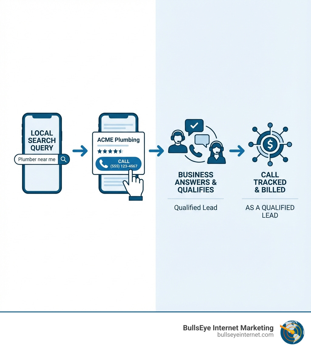 infographic showing the customer journey from local search query on mobile phone, to seeing a local service ad with phone number, to tapping to call, to business answering and qualifying the lead, to the call being tracked and billed as a qualified lead - local pay per call infographic 