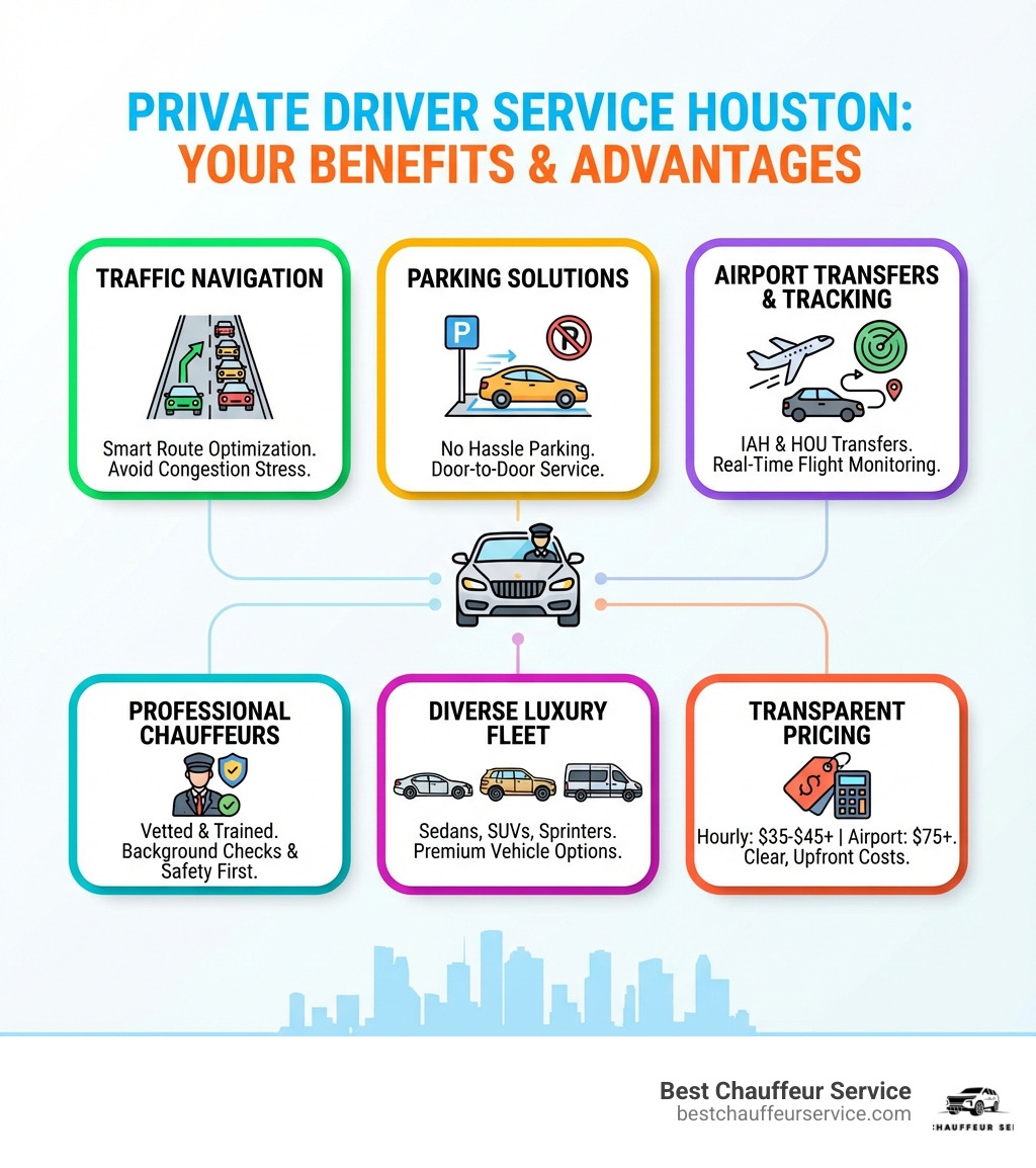 infographic showing benefits of private driver service in Houston including traffic navigation, parking solutions, airport transfers with flight tracking, professional chauffeurs with background checks, diverse luxury fleet options, and transparent pricing with typical cost ranges for hourly service and airport transfers - Private driver Houston infographic infographic showing benefits of private driver service in Houston including traffic navigation, parking solutions, airport transfers with flight tracking, professional chauffeurs with background checks, diverse luxury fleet options, and transparent pricing with typical cost ranges for hourly service and airport transfers - Private driver Houston infographic
