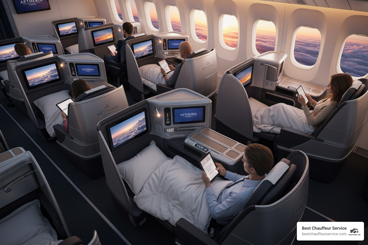 modern airline business class cabin with lie-flat seats - Business class transport modern airline business class cabin with lie-flat seats - Business class transport