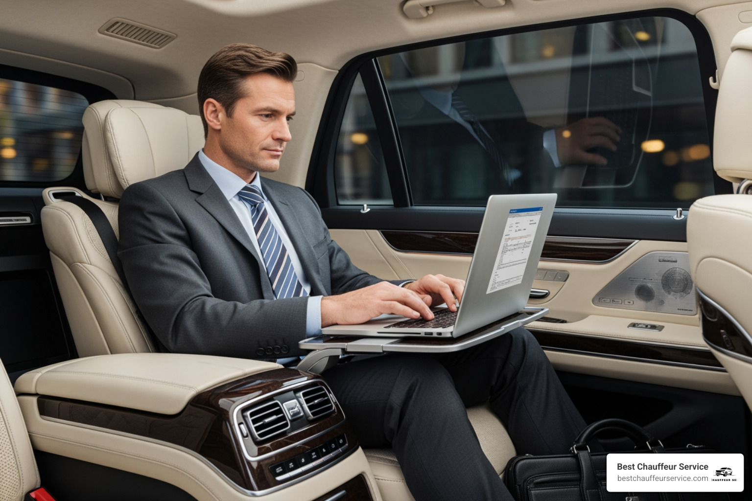 business professional working on a laptop inside a spacious chauffeur-driven SUV - Business class transport business professional working on a laptop inside a spacious chauffeur-driven SUV - Business class transport