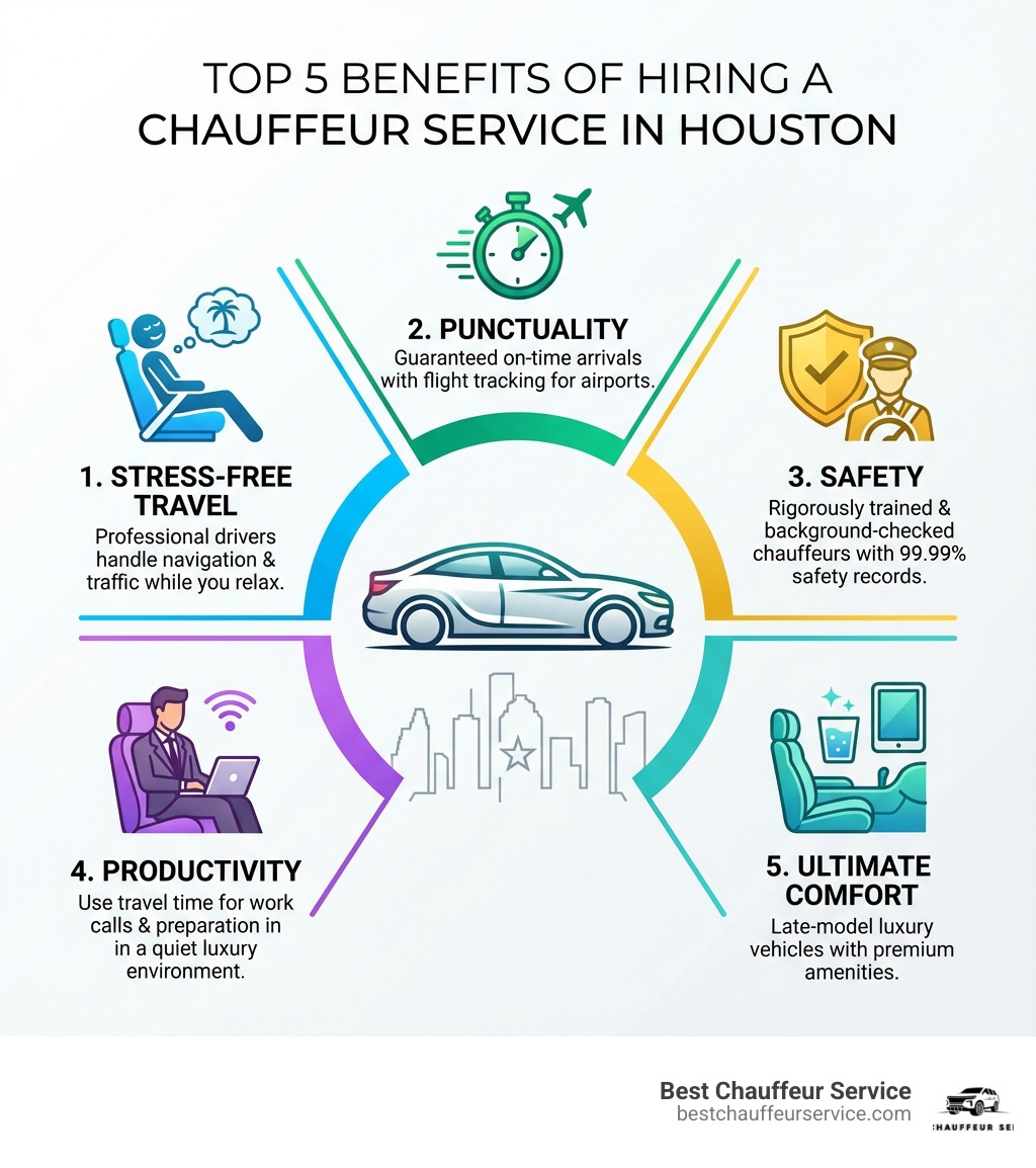 Infographic showing the top 5 benefits of hiring a chauffeur service in Houston: 1. Stress-Free Travel - professional drivers handle navigation and traffic while you relax, 2. Punctuality - guaranteed on-time arrivals with flight tracking for airports, 3. Safety - rigorously trained and background-checked chauffeurs with 99.99% safety records, 4. Productivity - use travel time for work calls and preparation in a quiet luxury environment, 5. Ultimate Comfort - late-model luxury vehicles with premium amenities - chauffeur service Houston infographic 