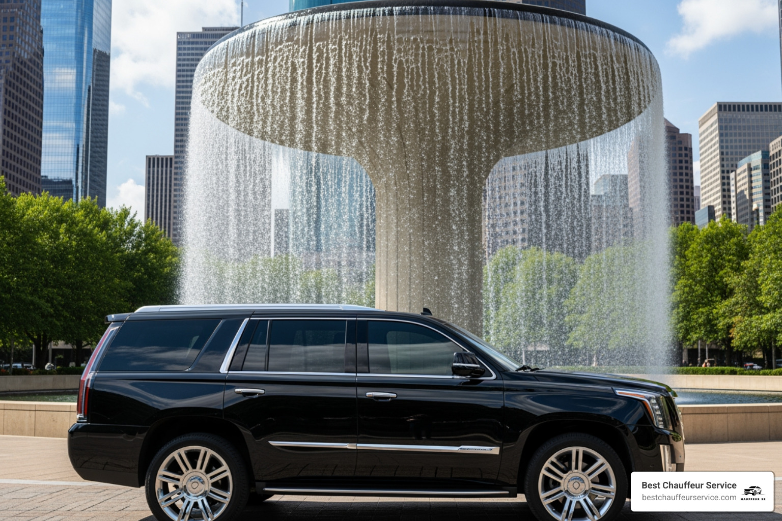 Luxury black SUV in front of a Houston landmark - houston transportation services