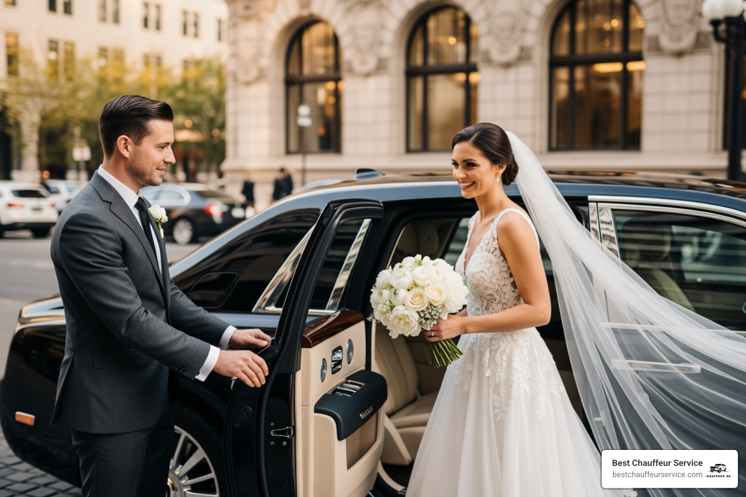 A professional chauffeur holding a door open for a bride - houston wedding transportation