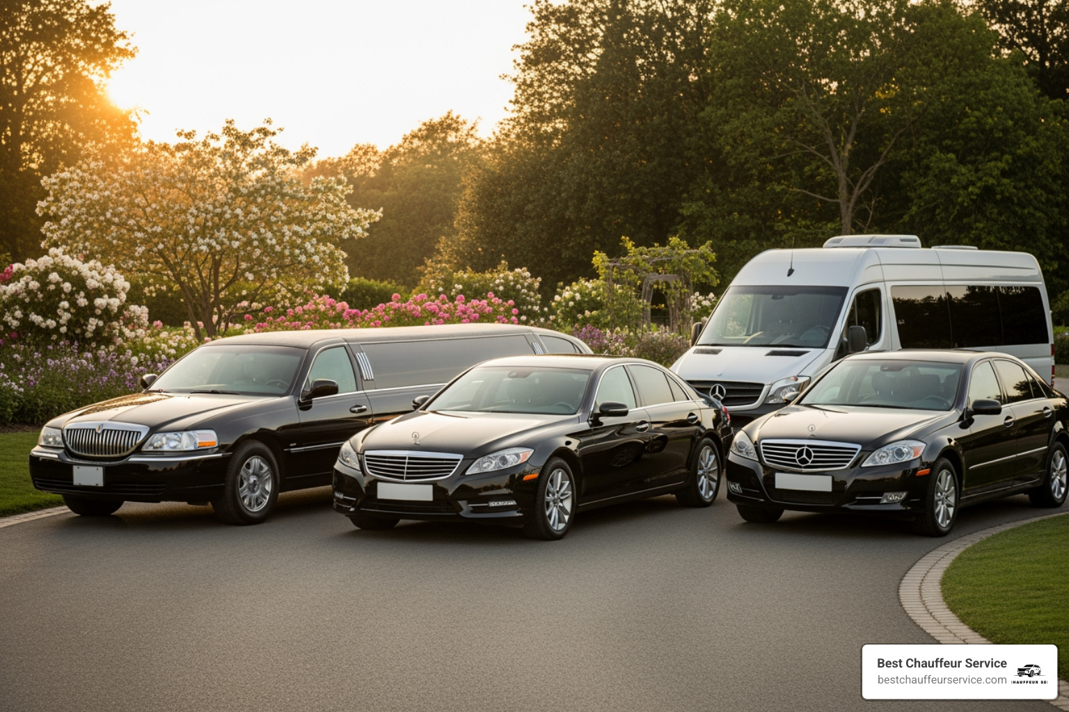 A diverse fleet including a limo, a luxury sedan, and a luxury van - houston wedding transportation
