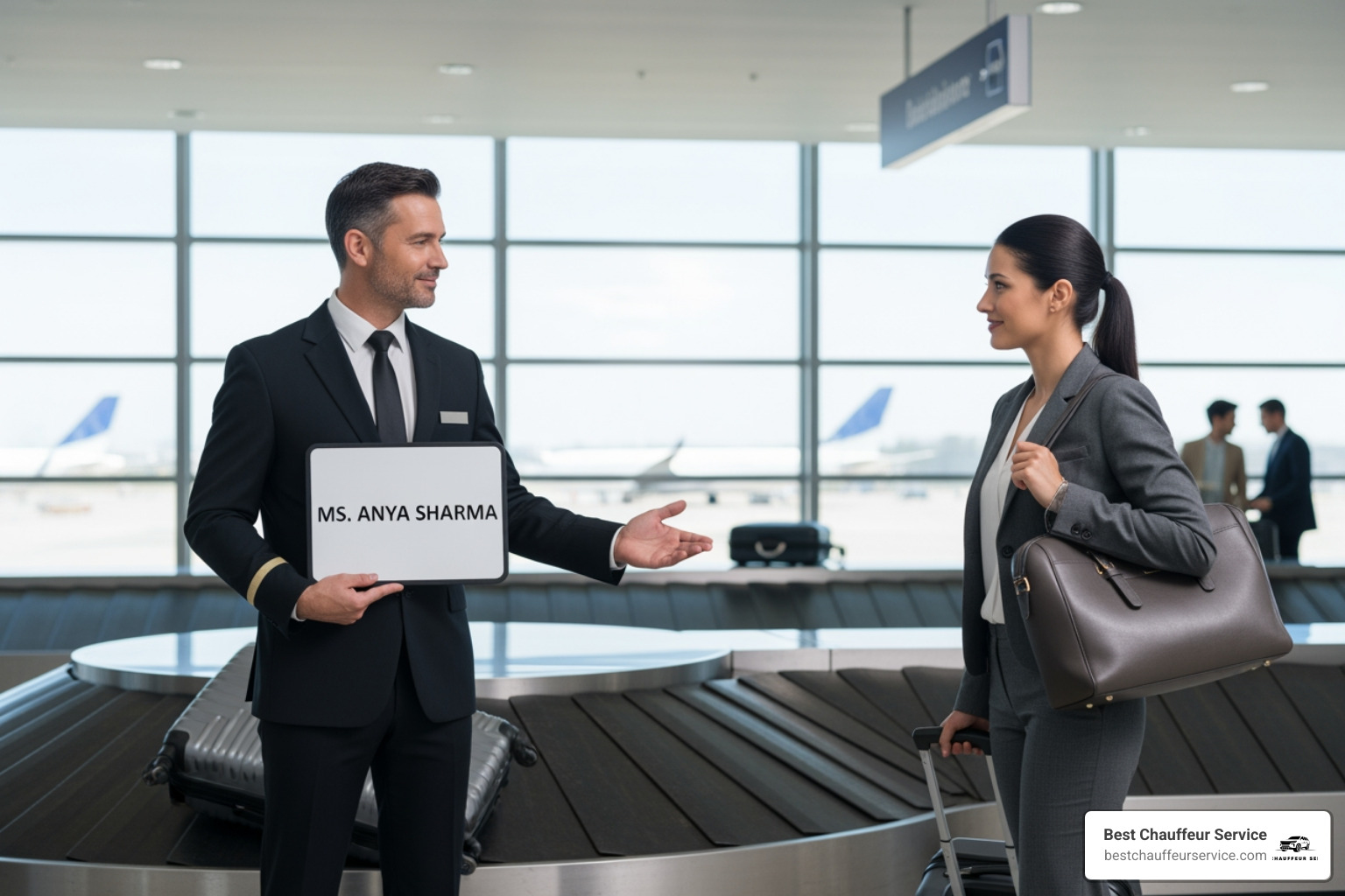 of a professional chauffeur greeting a client at baggage claim - Private airport transfer Houston