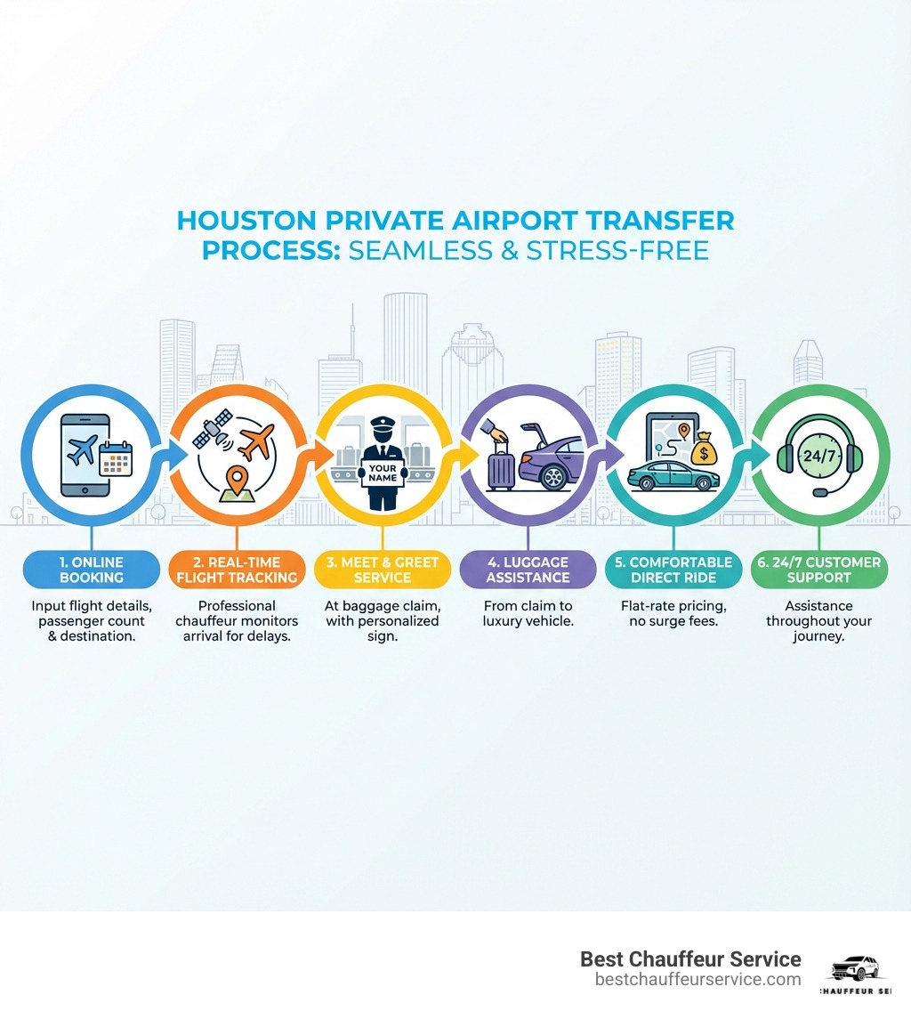 Infographic showing the complete private airport transfer process in Houston: booking online with flight details, professional chauffeur tracking your flight in real-time, meet and greet service at baggage claim with name sign, luggage assistance to luxury vehicle, comfortable direct ride to destination with flat-rate pricing, and 24/7 customer support throughout - Private airport transfer Houston infographic 