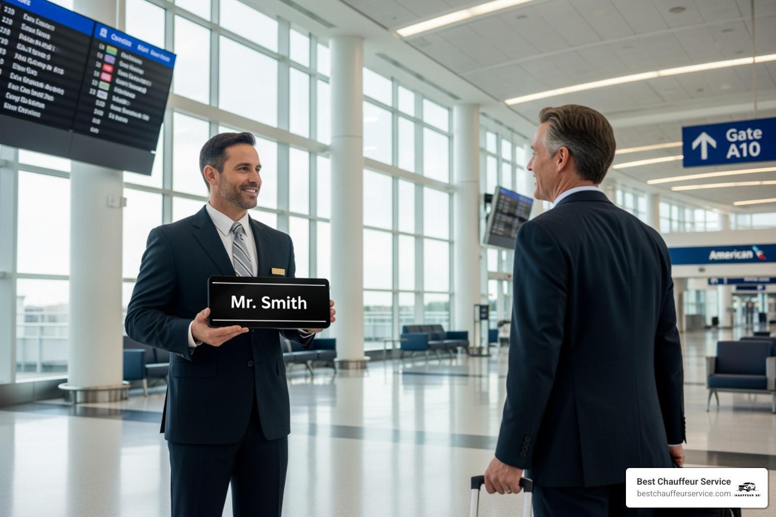 passenger arriving at DFW airport being greeted by a chauffeur - Point to point Dallas