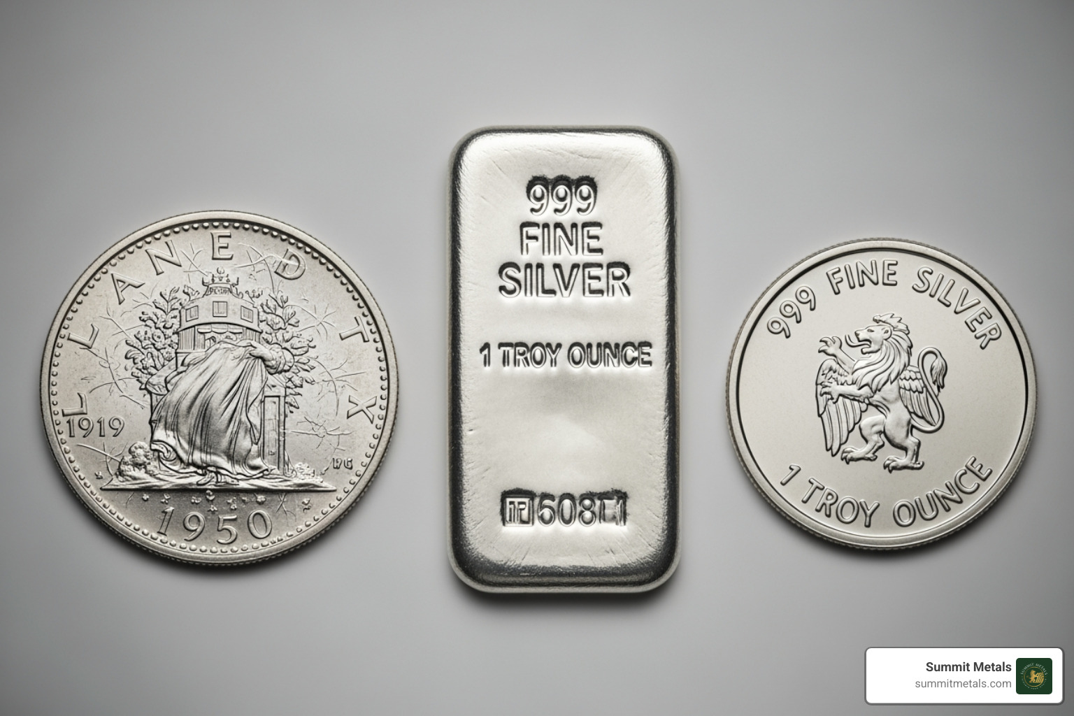 side-by-side comparison of silver coin, bar, and round - online silver dealer