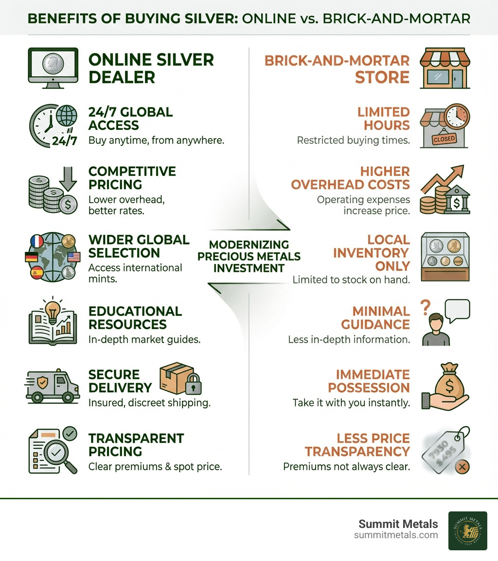 infographic showing benefits of online silver buying: 24/7 access, competitive pricing, wider selection from global mints, educational resources, secure delivery, and transparent pricing compared to limited hours, higher overhead costs, local inventory only, minimal guidance, immediate possession, and less price transparency for brick-and-mortar stores - online silver dealer infographic 