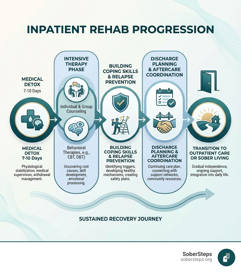 Infographic showing the progression of inpatient rehab: starting with medical detox (7-10 days), moving to intensive therapy phase (individual and group counseling, behavioral therapies), building coping skills and relapse prevention, discharge planning and aftercare coordination, and transitioning to outpatient care or sober living - Inpatient Drug and Alcohol Rehab: 30 Day, 60 Day, & Long Term infographic Infographic showing the progression of inpatient rehab: starting with medical detox (7-10 days), moving to intensive therapy phase (individual and group counseling, behavioral therapies), building coping skills and relapse prevention, discharge planning and aftercare coordination, and transitioning to outpatient care or sober living - Inpatient Drug and Alcohol Rehab: 30 Day, 60 Day, & Long Term infographic